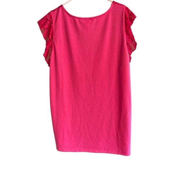 Women's BiBi XL Hot Pink Lace Sleeve Blouse Round Neck Keyhole  Loose Fit - Picture 3 of 4